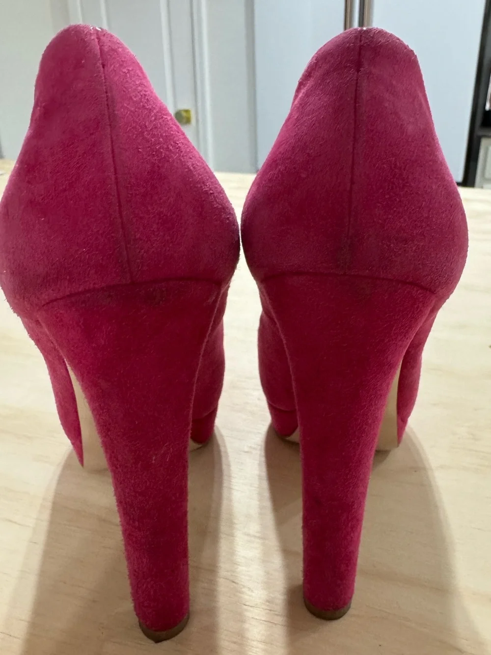 Miu Miu Hot Pink Suede Peep-Toe Platform Pumps